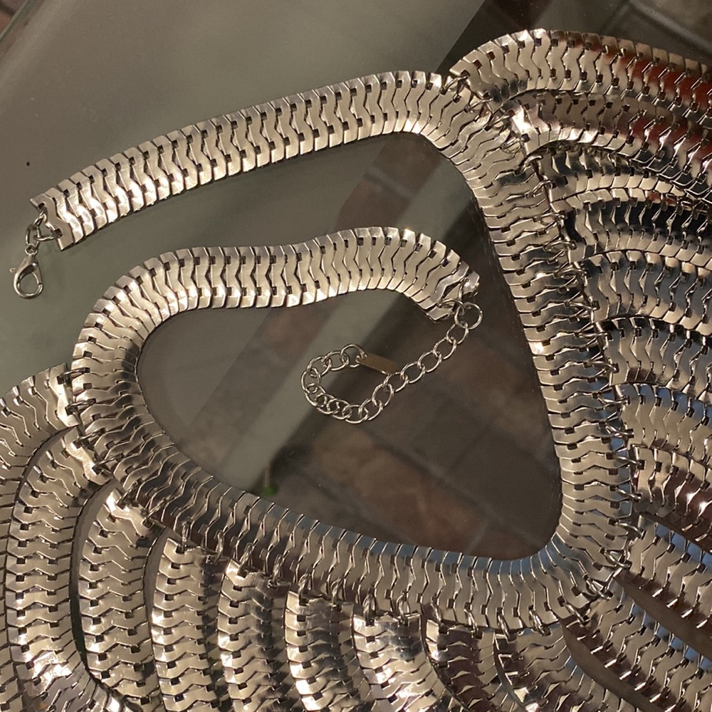 ENCOUR - necklace: thick long silvertone asymmetric fringe 1 of a kind statement - Picture 10 of 16